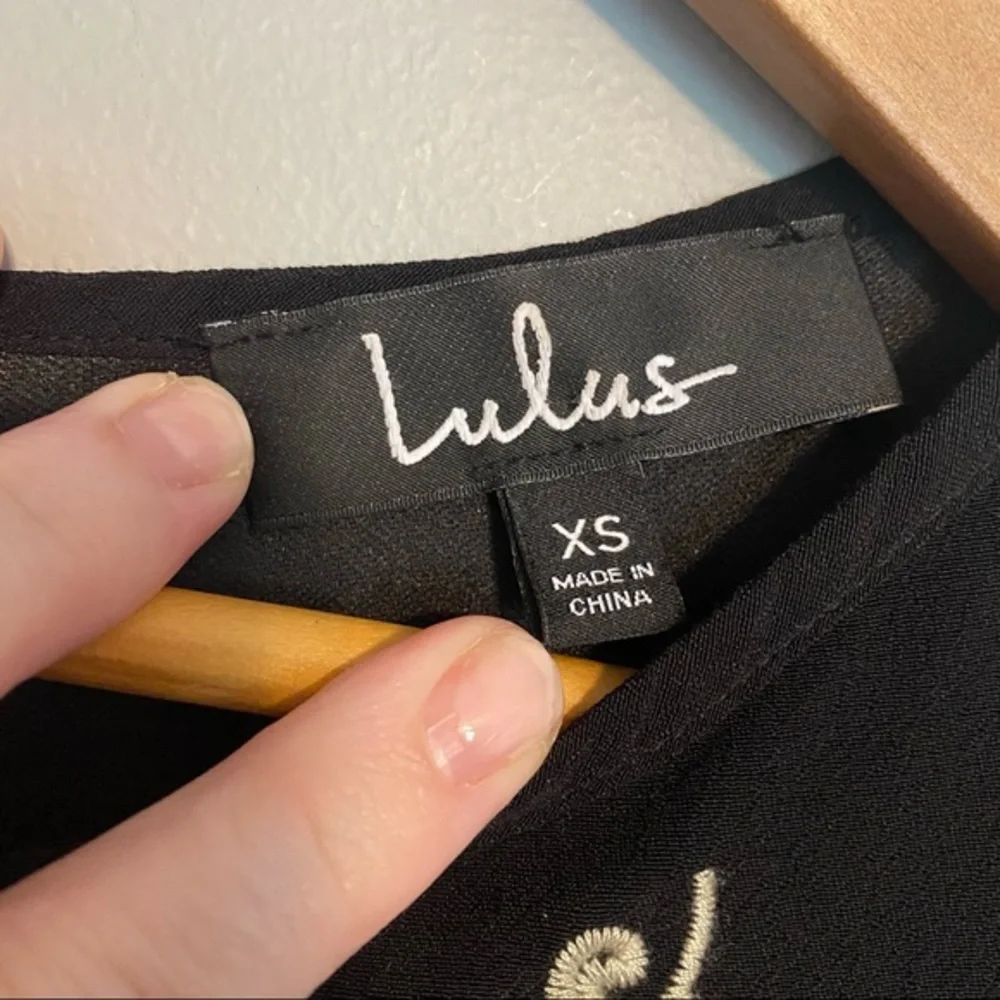 LULUS Tale to Tell Beige & Black Embroidered Dress